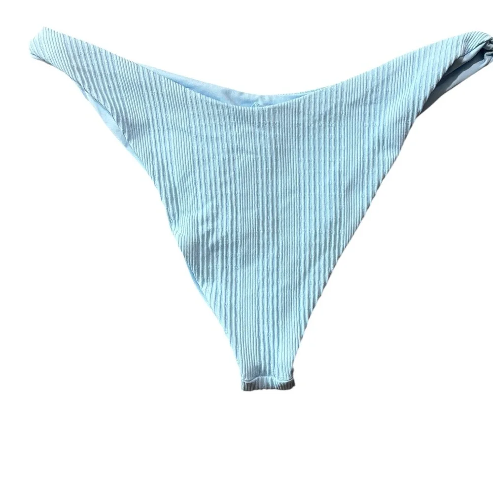 L*Space Bitsy Cut Ribbed V-Front High Leg‎ Bikini Bottoms Light Blue XL NWOT